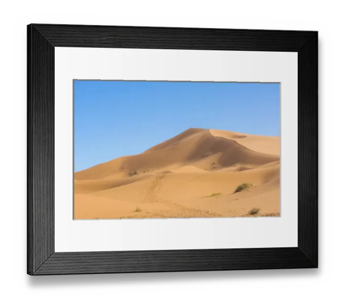 Framed Print : Morocco Sahara Desert sand dunes in Las Palmeras area with peaks and sand