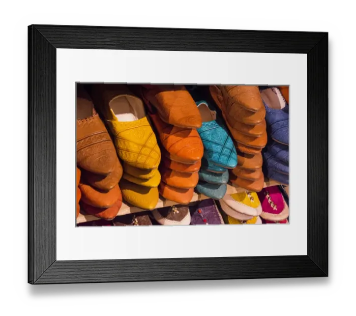 Framed Print : Morocco Fez colorful arab shoes for sale in store on rack Framed Print : Morocco Fez colorful arab shoes for sale in store on rack