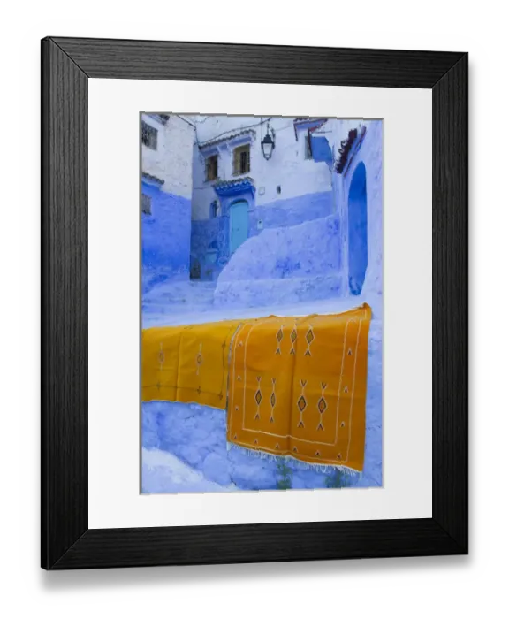 Framed Print : Africa, Morocco, Chefchaouen. Rugs draped on a wall in the blue town Framed Print : Africa, Morocco, Chefchaouen. Rugs draped on a wall in the blue town