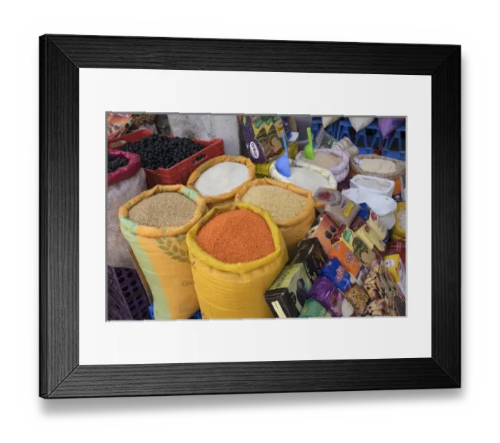 Framed Print : Morocco, Casablanca. Bags of lentils, rice and other dry goods at a shop in the medina Framed Print : Morocco, Casablanca. Bags of lentils, rice and other dry goods at a shop in the medina
