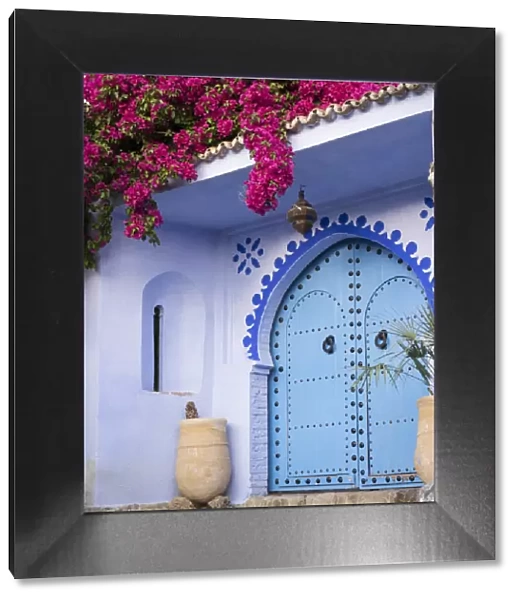 Morocco, Chefchaouen. Bougainvillea blossoms frame an ornate blue door