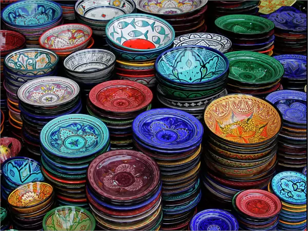 Africa, Morocco, Marrakech. Moroccan Hand-painted glazed ceramic dishes