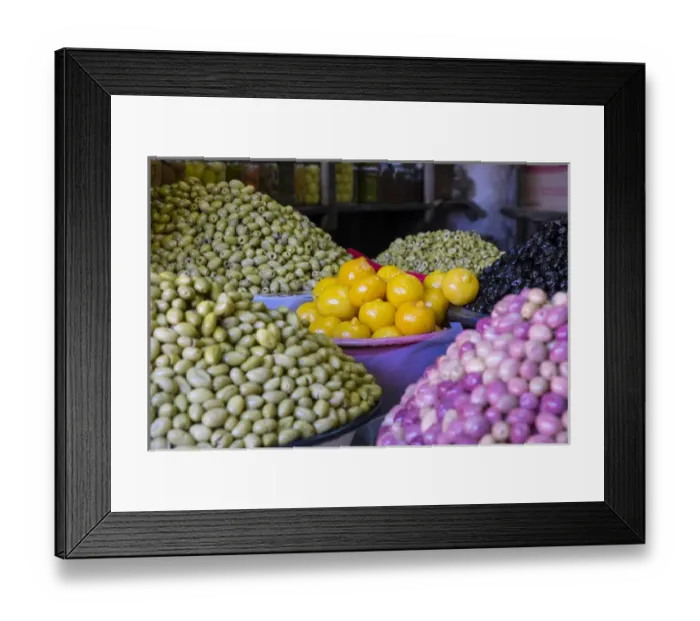 Framed Print : North Africa, Morocco, Marrakech, Jemma El Efna, Souk, varieties of olives and preserved