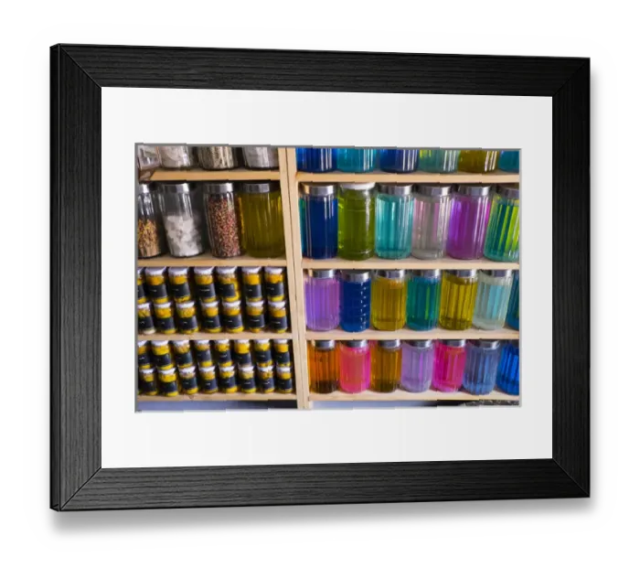 Framed Print : North Africa, Morocco, Marrakech. shelves of local market featuring colored frangrant liquids Framed Print : North Africa, Morocco, Marrakech. shelves of local market featuring colored frangrant liquids