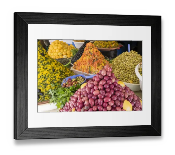 Framed Print : North Africa, Morocco, Essaouira, Souk, varieties of olives, oil and preserved lemons Framed Print : North Africa, Morocco, Essaouira, Souk, varieties of olives, oil and preserved lemons