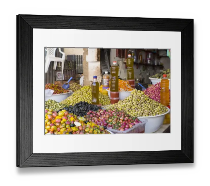 Framed Print : North Africa, Morocco, Essaouira, Souk, varieties of olives, oil and preserved lemons Framed Print : North Africa, Morocco, Essaouira, Souk, varieties of olives, oil and preserved lemons