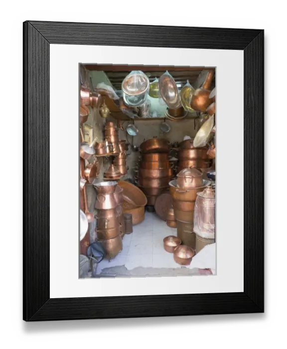 Framed Print : North Africa, Morocco, Fes, Medina store of Copper and Brass