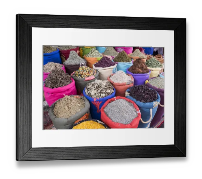 Framed Print : North Africa, Morocco, Marrakech. Bags of herbs, spices and dried floral and vegetable