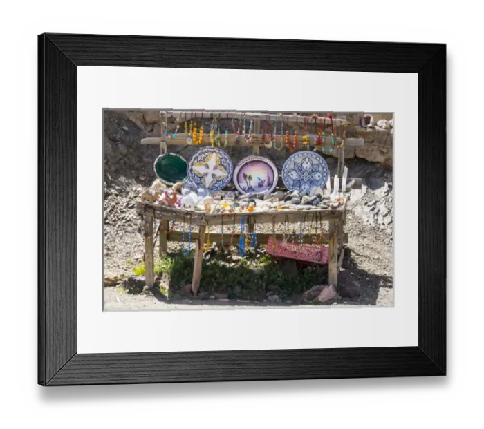 Framed Print : North Africa, Morocco, Moroccan countryside street shop featuring ceramics and geodes