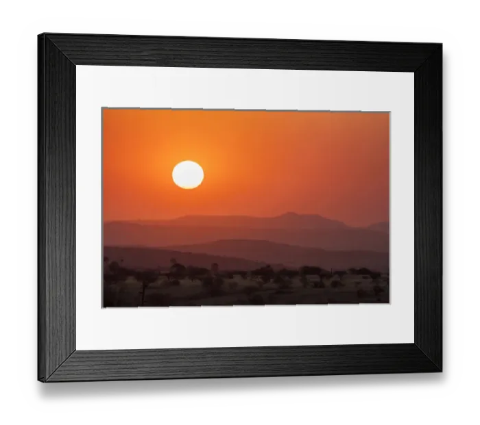 Framed Print : Africa, Namibia, Damaraland. Orange sunset over mountains