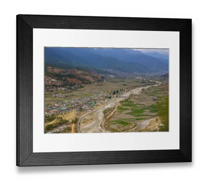 Framed Print : View over city Paro with river Paro Chhu, Bhutan Framed Print : View over city Paro with river Paro Chhu, Bhutan