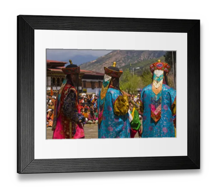 Framed Print : Costumed dancers at religious festivity with many visitors, Paro Tsechu, Bhutan Framed Print : Costumed dancers at religious festivity with many visitors, Paro Tsechu, Bhutan