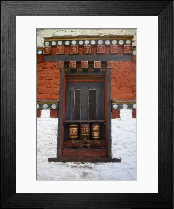 Framed Print : Asia, Bhutan, Bumthang. Prayer wheels at Jambay Lhakhang, a Buddhist temple dating