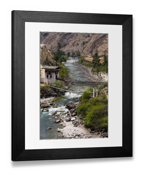 Framed Print : Iron bridge in a valley near Paro, Bhutan Framed Print : Iron bridge in a valley near Paro, Bhutan