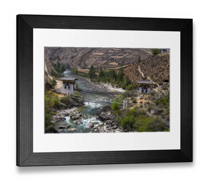 Framed Print : Iron bridge in a valley near Paro, Bhutan