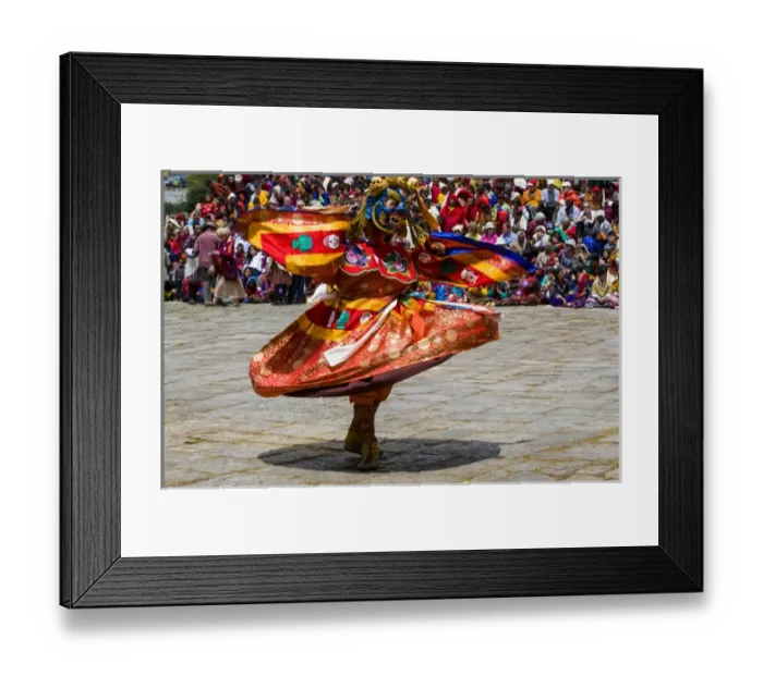 Framed Print : Costumed dancers at religious festivity with many visitors, Paro Tsechu, Bhutan
