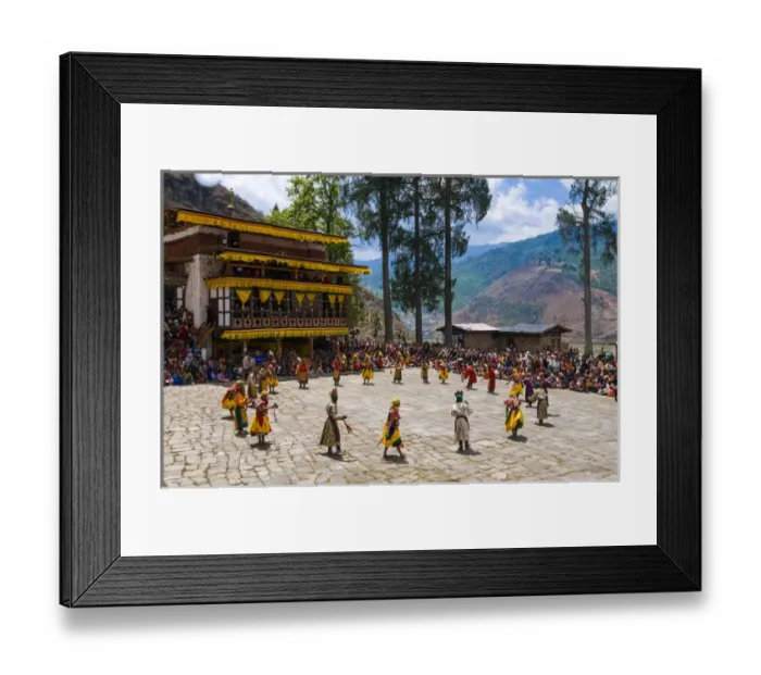 Framed Print : Costumed dancers at religious festivity with many visitors, Paro Tsechu, Bhutan Framed Print : Costumed dancers at religious festivity with many visitors, Paro Tsechu, Bhutan