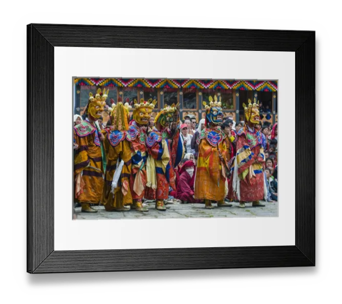 Framed Print : Costumed dancers at religious festivity with many visitors, Paro Tsechu, Bhutan Framed Print : Costumed dancers at religious festivity with many visitors, Paro Tsechu, Bhutan