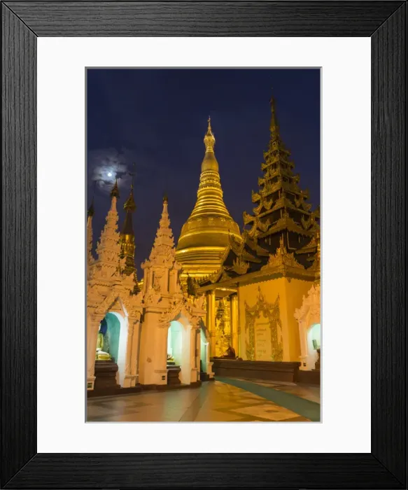 Framed Print : Myanmar, Yangon. Golden stupa and temples of Shwedagon Pagoda at night with moon Framed Print : Myanmar, Yangon. Golden stupa and temples of Shwedagon Pagoda at night with moon