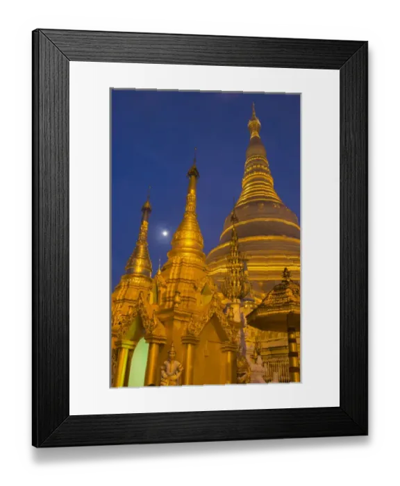 Framed Print : Myanmar, Yangon. Golden stupa and temples of Shwedagon Pagoda at night with moon Framed Print : Myanmar, Yangon. Golden stupa and temples of Shwedagon Pagoda at night with moon