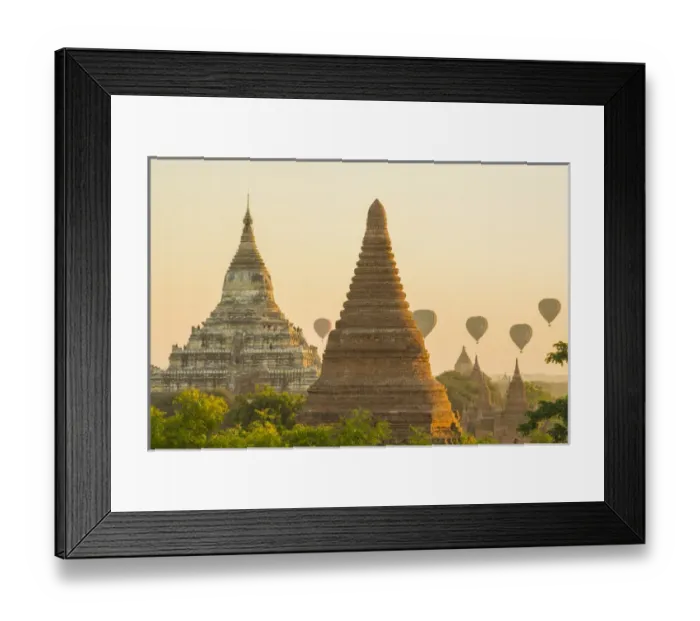Framed Print : Myanmar. Bagan. Hot air balloons rising over the temples of Bagan