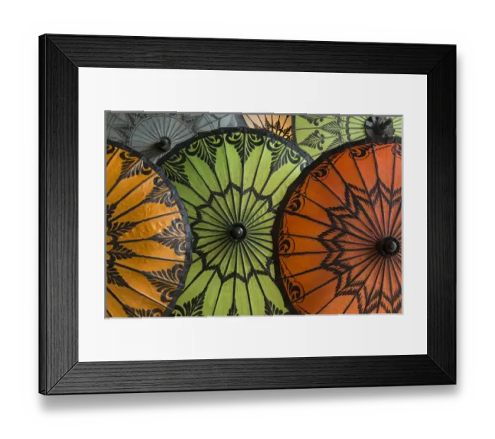 Framed Print : Myanmar, Bagan. Handmade and painted parasols on display in a shop