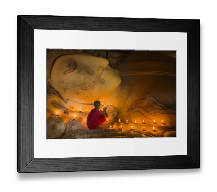 Framed Print : Myanmar, Bagan. Young monk at Shinbinthalyaung Temple Reclining Buddha