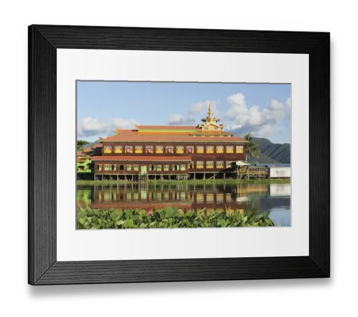 Framed Print : Myanmar, Inle Lake. Nga Phe Chaung Kyaung Monastary reflected in Inle Lake