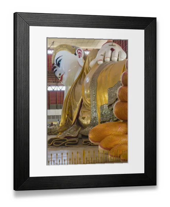 Framed Print : Myanmar. Yangon. Chauk Htat Gyi Pagoda. Monk cleaning a giant reclining Buddha Framed Print : Myanmar. Yangon. Chauk Htat Gyi Pagoda. Monk cleaning a giant reclining Buddha