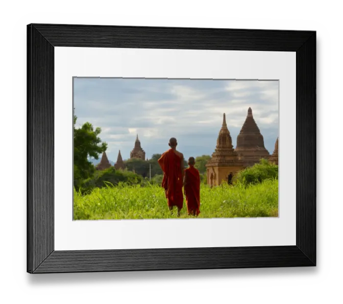 Framed Print : Monks with ancient temples and pagodas, Bagan, Mandalay Region, Myanmar