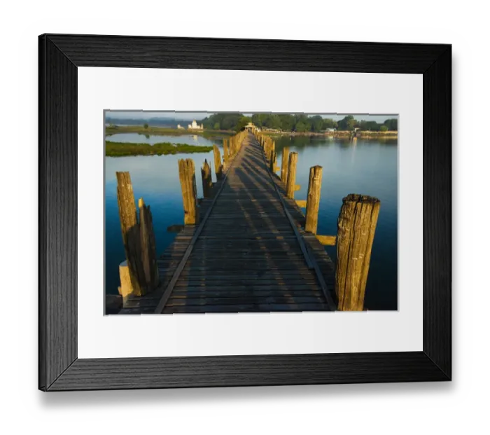 Framed Print : U Bein teak bridge on Taungthaman Lake at sunrise, Citadel Pagoda in the distance