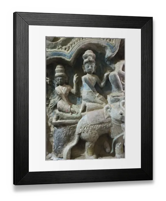 Framed Print : Stone carving in Shitthaung Temple, Mrauk-U, Rakhine State, Myanmar