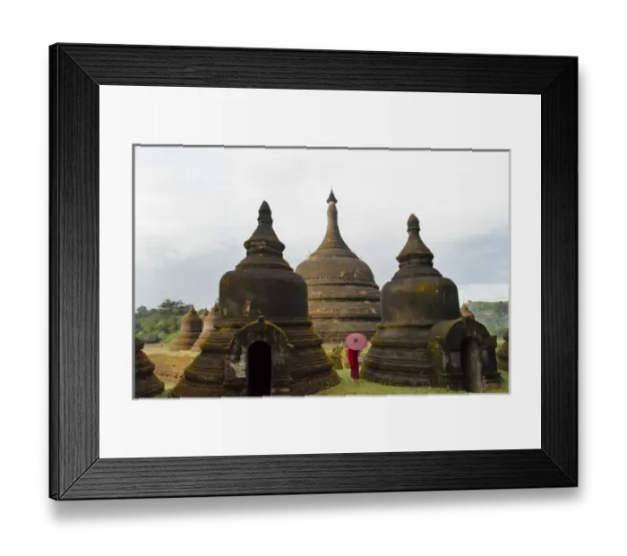 Framed Print : Monk holding red umbrella with Andaw-thein Temple, Mrauk-U, Rakhine State, Myanmar
