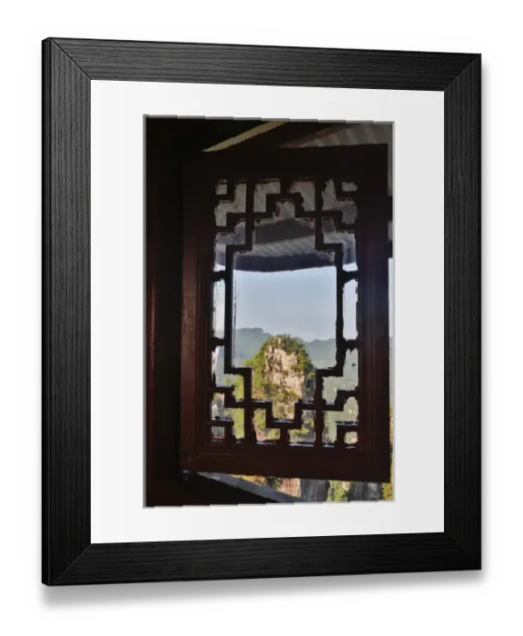 Framed Print : View through window at Moutains of Yellow Stone Village the first national forest park in China Framed Print : View through window at Moutains of Yellow Stone Village the first national forest park in China