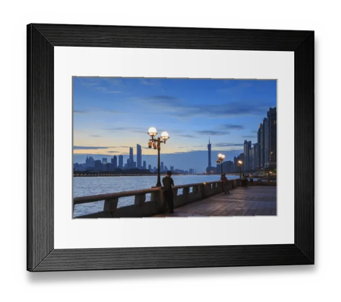 Framed Print : person on smarphone, view along Pearl River of city skyline from Yacht Club, Guangzhou
