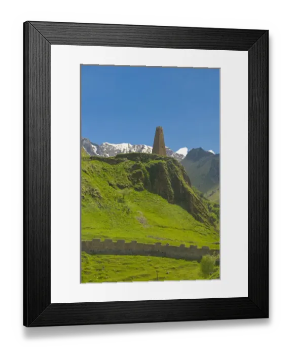 Framed Print : Typical stone tower and town wall of Gudauri, Georgia