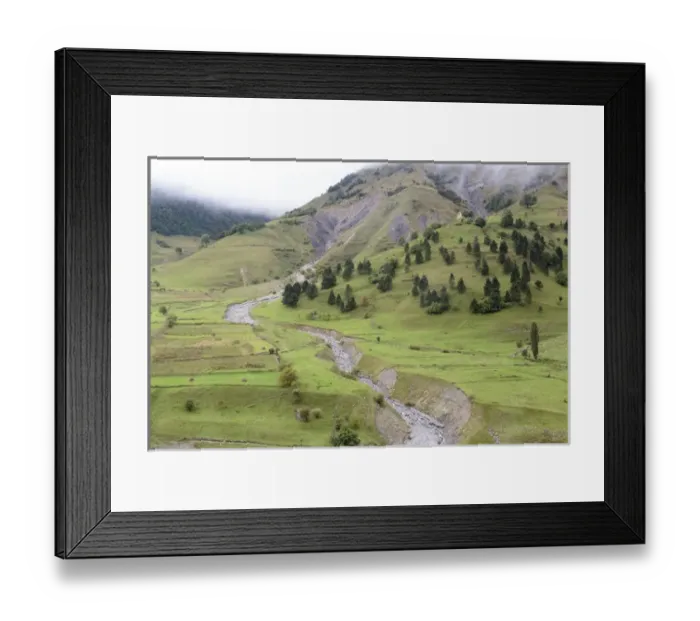 Framed Print : Georgia, Mtskheta, Juta. A small stream flowing into a valley