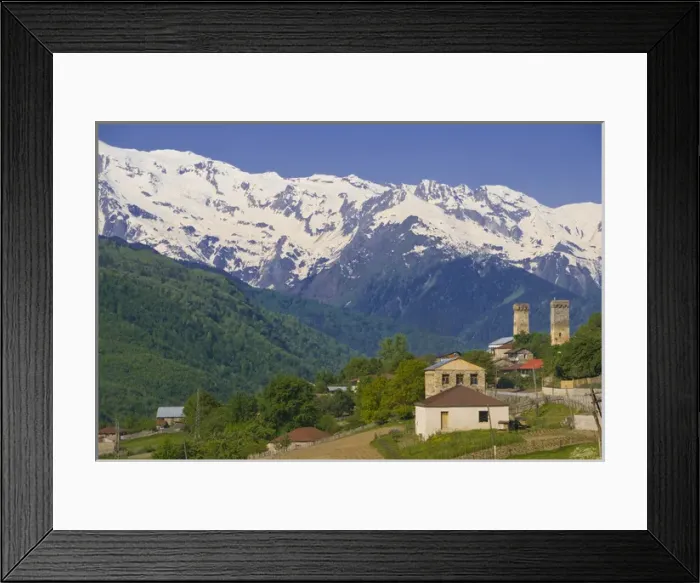Framed Print : Village near Shkhara peak (5068 m), Ushghuli community, Upper Svanetia, Georgia
