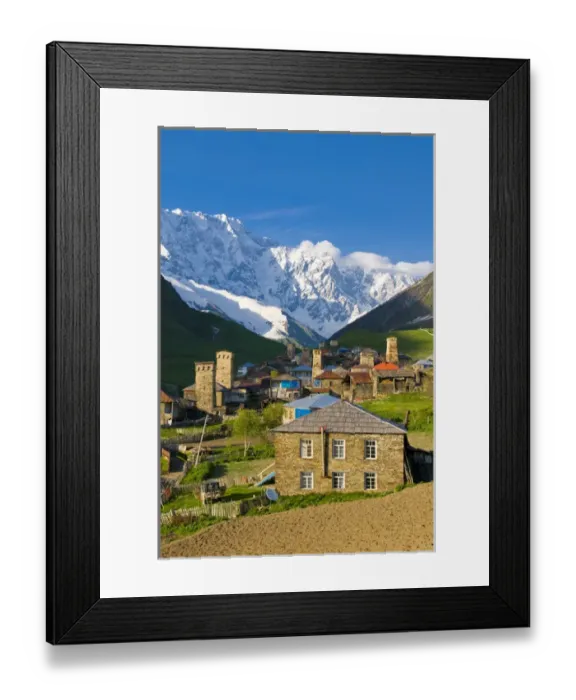 Framed Print : Fortified village of Ushguli, Svanetia, UNESCO World Heritage Site, in background Mount Shkhara