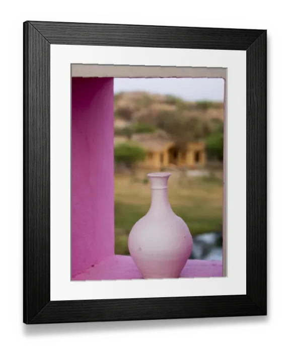 Framed Print : Earthen pot at window in Chhatrasagar, Rajasthan, India Framed Print : Earthen pot at window in Chhatrasagar, Rajasthan, India