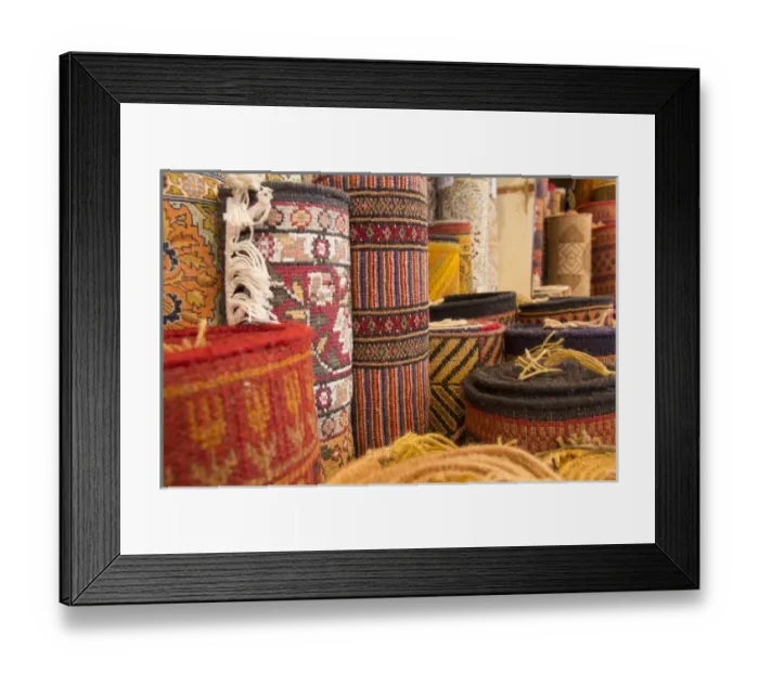 Framed Print : Asia, India, Rajasthan, Jaipur, the making of carpets. Rolled carpets for sale