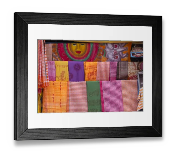 Framed Print : India, Uttar Pradesh, Varanasi. bright pieces of colored cloth for sale along Framed Print : India, Uttar Pradesh, Varanasi. bright pieces of colored cloth for sale along