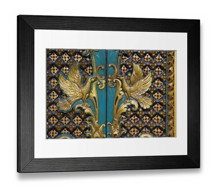 Framed Print : Asia, Indonesia, Bali. Gilded carved temple doors with symbols of birds in Bali