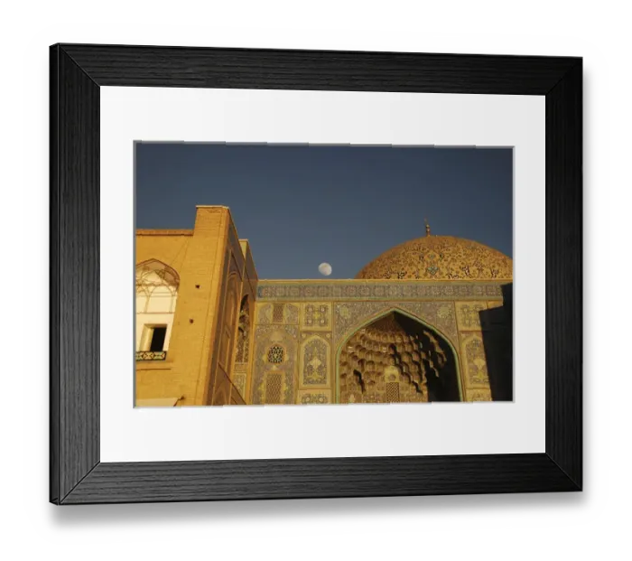 Framed Print : Iran, Isfahan, moonrise over Imam Square and Sheikh Lotfallah mosque