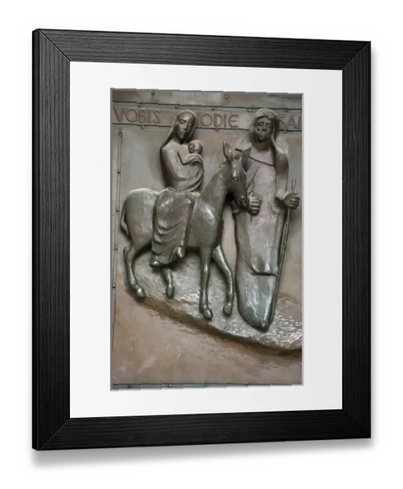 Framed Print : Bronze relief of Mary, Joseph and infant Jesus traveling to Egypt to escape wrath Framed Print : Bronze relief of Mary, Joseph and infant Jesus traveling to Egypt to escape wrath