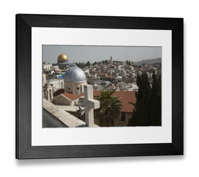 Framed Print : Christian rooftop cross and silver church dome and Golden Muslim Dome of the Rock