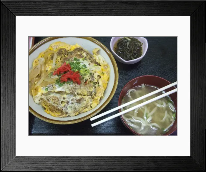 Framed Print : Classic pork over rice bowl with noodle soup served in Japan
