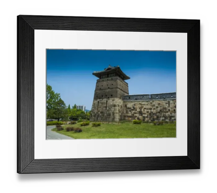 Framed Print : Huge stone walls around the Unesco world heritage sight the fortress of Suwon, South Framed Print : Huge stone walls around the Unesco world heritage sight the fortress of Suwon, South