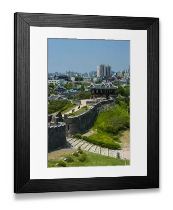 Framed Print : Huge stone walls around the Unesco world heritage sight the fortress of Suwon, South Framed Print : Huge stone walls around the Unesco world heritage sight the fortress of Suwon, South
