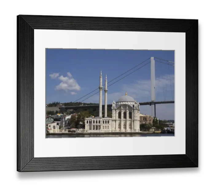 Framed Print : Asia, Istanbul. Ortakoy Mosque and New bridge (Fatih Sultan Mehmet Bridge), completed in 1988